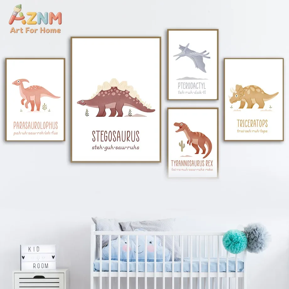 Kids Education Nursery - AZNM Cute Watercolor Dinosaur Canvas Wall