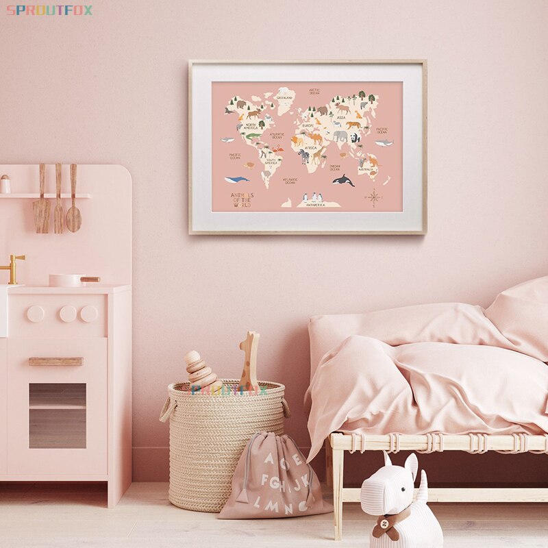 Kids Education Nursery - Educational Cartoon Animal World Map Canvas